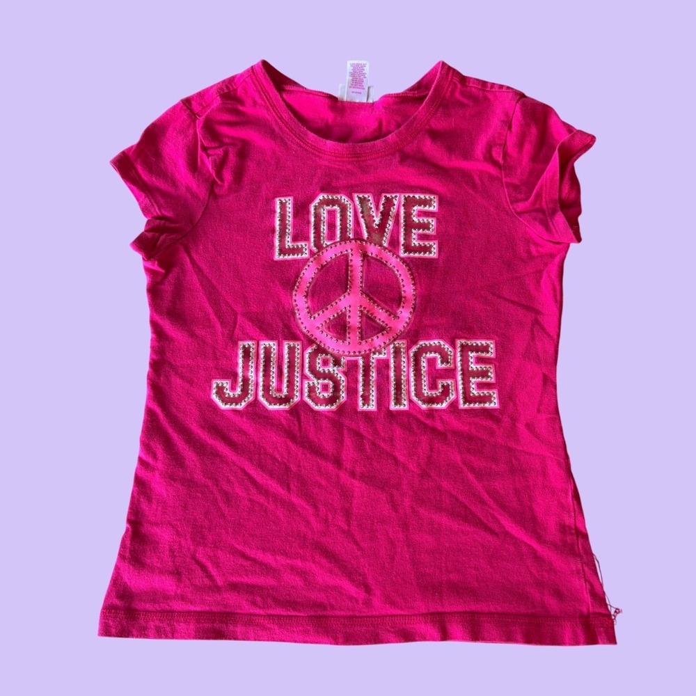 Y2K Justice Pink Love Justice Peace Sign Rhinestone Graphic Baby Tee #18